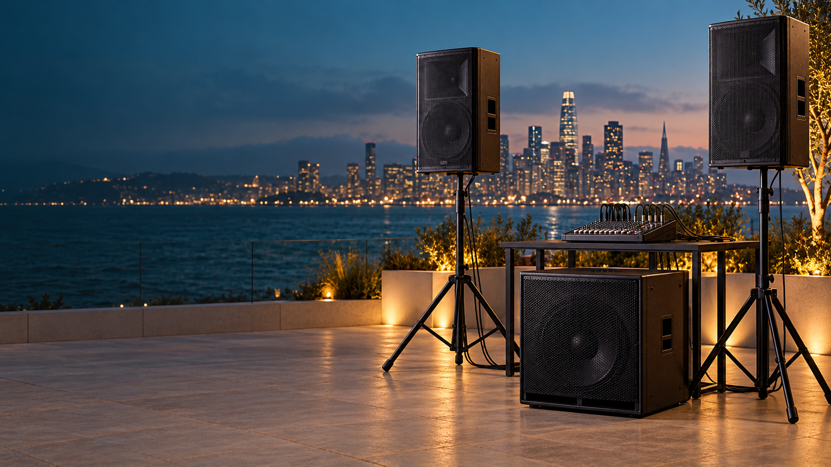 Illustrative audio setup on a waterfront terrace with the San Francisco skyline across the bay